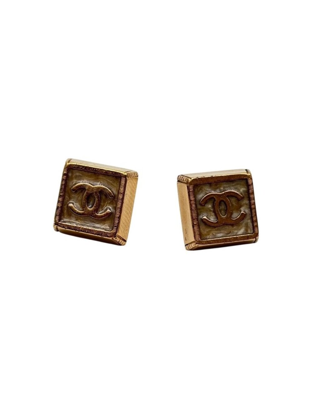 Chanel CC Logo Square Earrings 03 Metal Resin Gold